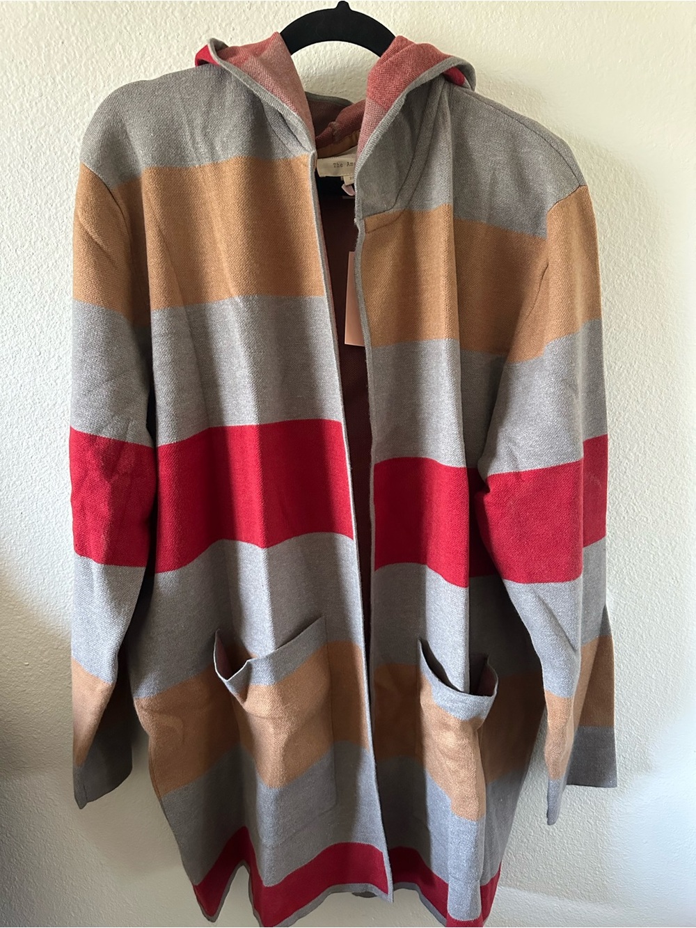 Evy’s Tree The Amelia Cardigan 2X Camel Red Gray Stripe Hooded NWT